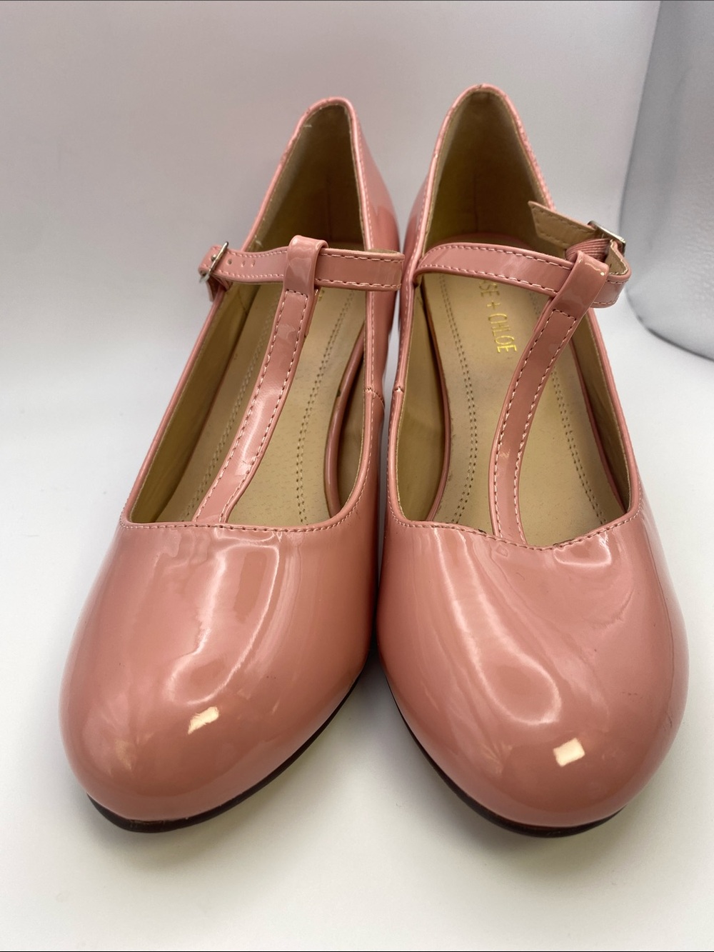 Chase + Chloe Timeless 1950’s Style Glossy Blush Patent Mary Jane Shoes